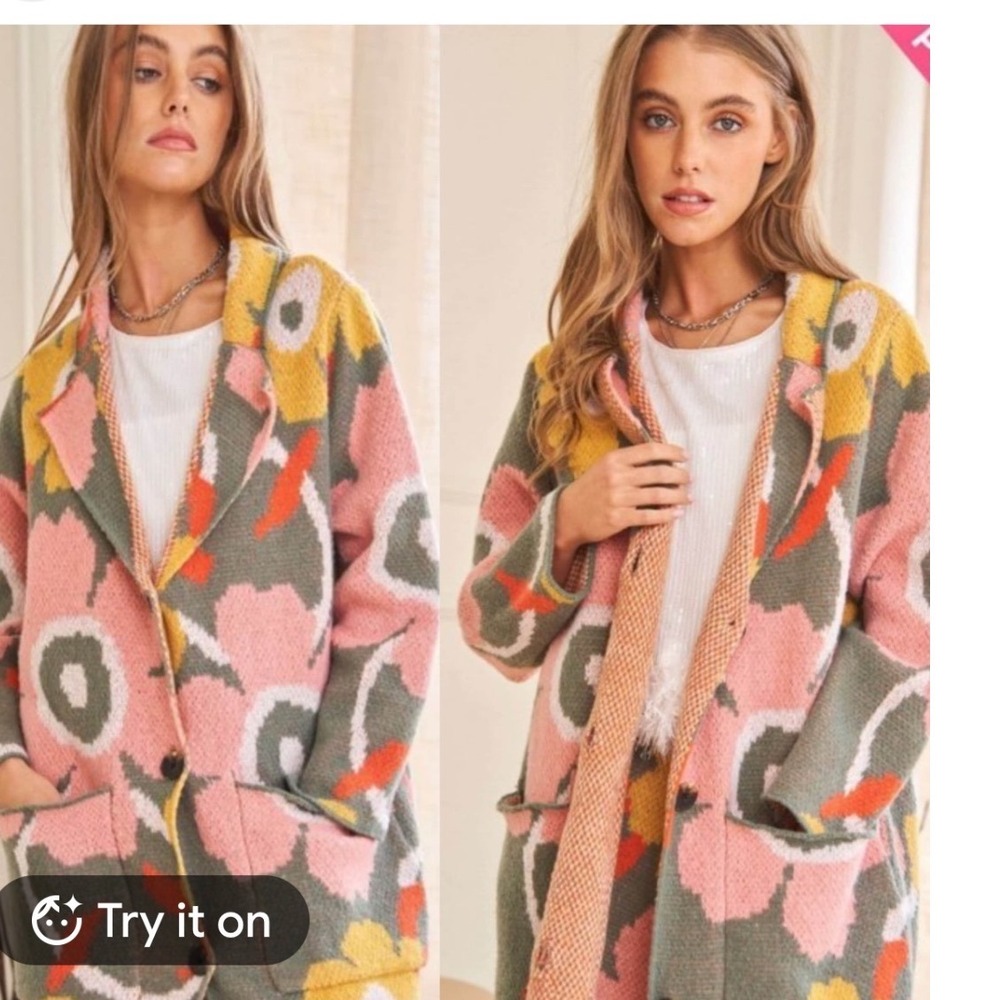 Davi & Dani Floral Knit Cardigan Sweater Olive Pink Yellow Jacket DWJ17485 Lg